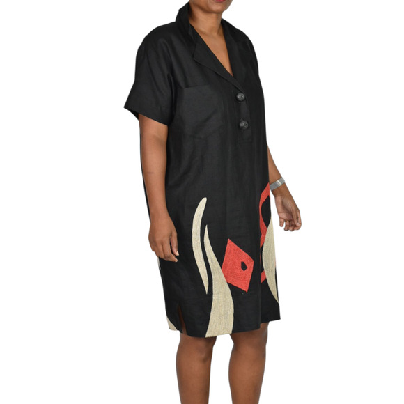 Vintage Andrea Jovine Linen Dress Black Print Abstract Embroidery Cocoon Medium - Picture 6 of 15